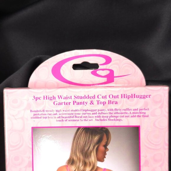 Pink Lace Bra Panty Garter Set 3 Piece One Size G World Intimates - Picture 8 of 9